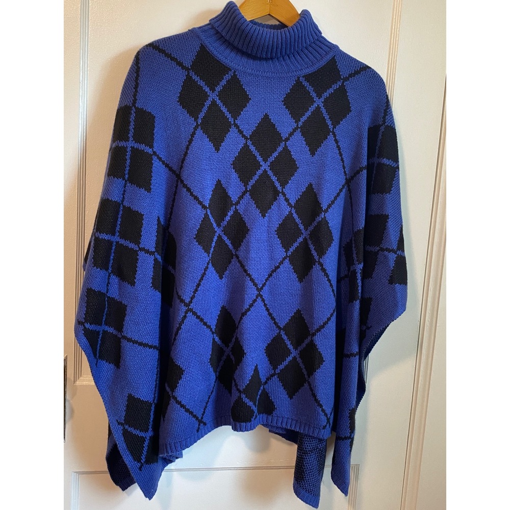 Lane Bryant Womens Royal Blue Black Argyle Turtleneck Poncho Sweater Plus 14/20